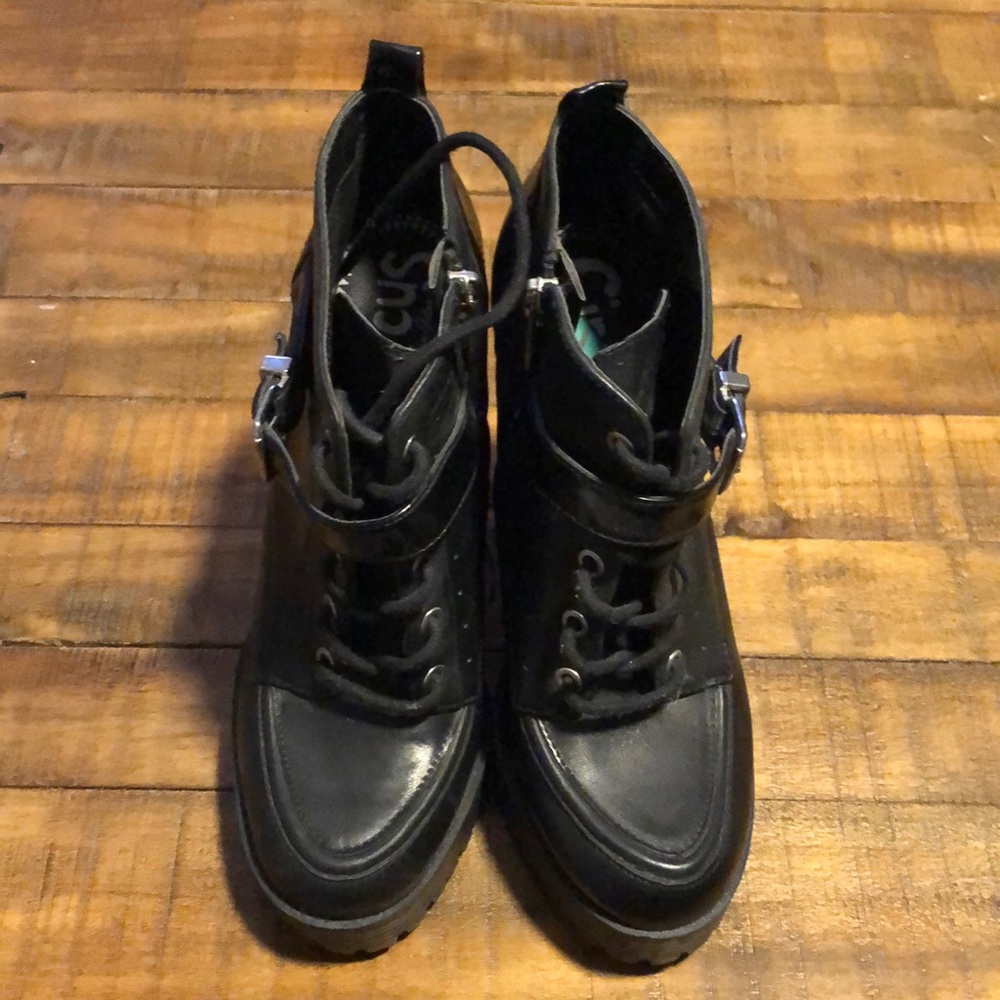 Black lace up  high chunky booties